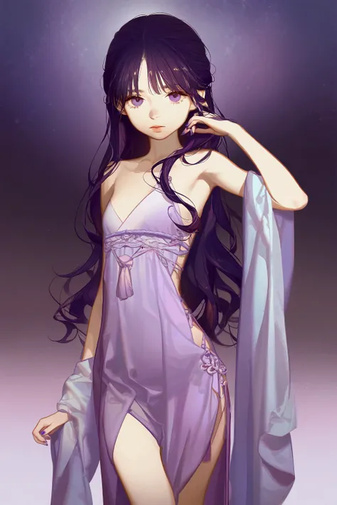 purple hair ,purple hanfu, small breasts, long hair, loli, expressionless, masterpiece, best quality, realistic, 8k, official art, cinematic light, ultra high res, perfect female body, sharp focus, guofeng, 1girl, solo, chinese clothes, realistic, nail pol...