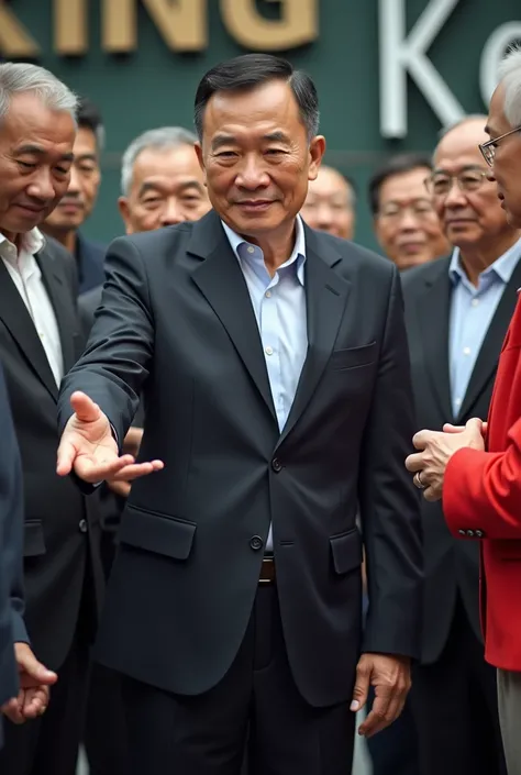  Photography of a typical Chinese man in his 30s wearing a formal suit of pants and shoes giving money and surrounded by many elderly people with a background of writing "KING KEVIN "