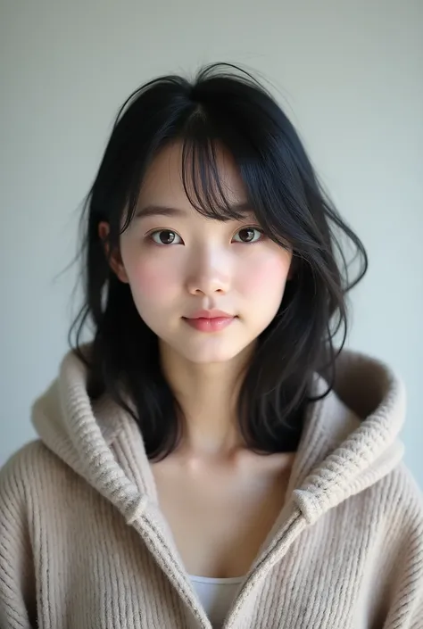 Headshot of a Japanese woman standing facing the front while wearing a JK model blanket hoodie