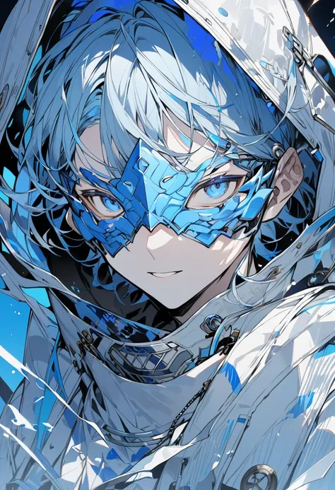 A man, light blue hair, blue mask