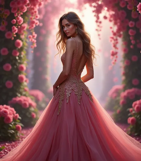 create a realistic image. An elegant woman in an intricately designed floor-length dress with a shiny gold and pink floral pattern. She poses gracefully in a romantic setting full of blossoms and plants. The background is decorated with pink hanging flower...