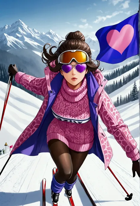 A cute woman (age 20, sexy thigh high stockings, heavy coat and sweater, toboggin, sports shades, all clothing matching pink and violet heart patterns), she is skiing down a flag marked sprint course
