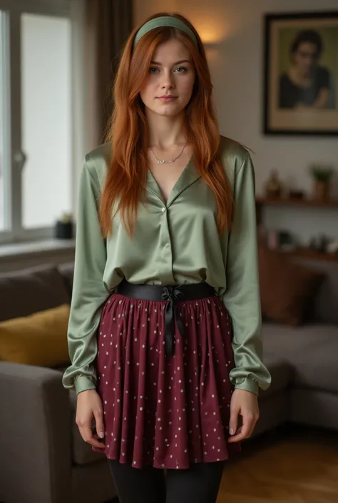 ultra Realistic upper body of a beautiful young red haired German woman with long hair, headband, Necklace, smile. Beautiful legs and high heels , She stands in the livingroom, She wears a light green satin top with long sleeves and a tight, burgundy silk ...