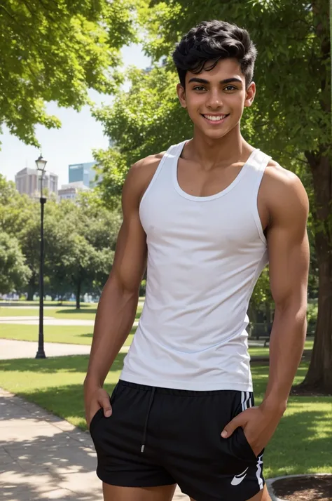 an 18 year old teenager, athletic body, black hair, tanned skin, green eyes, wearing a white tank top, with black shorts, with a mischievous smile. in the park