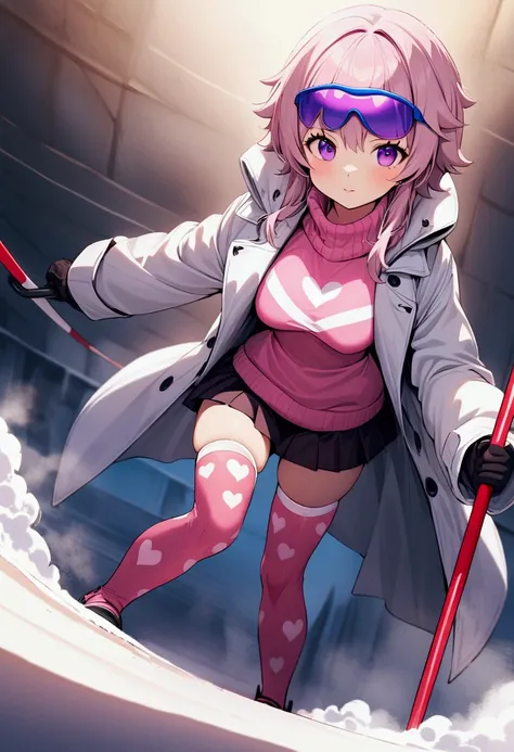 A cute woman (age 20, sexy thigh high stockings, heavy coat and sweater, toboggin, sports shades, all clothing matching pink and violet heart patterns), she is skiing down a flag marked sprint course
