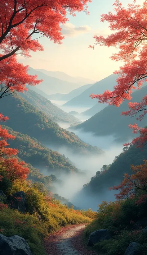 Autumn Leaves and Misty Morning
A tranquil Japanese valley in autumn, with golden and red foliage, mist rising gently, and the soft morning sun illuminating the sky.