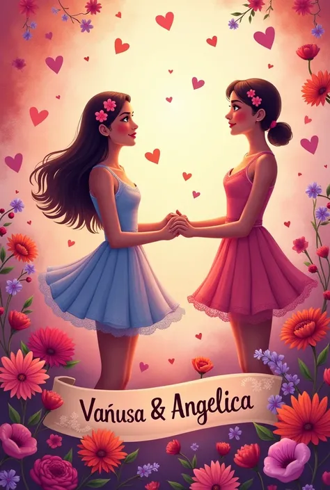 " A vibrant and colorful illustration celebrating friendship ,  with a mix of flowers and hearts in shades of pink ,  red and purple. in the center,  a decorative banner with the phrase Vanusa  &  Angélica Friends Forever written in a sophisticated and ele...