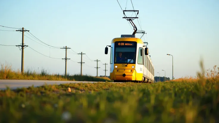 Low angle shot of a tram passing by in a field