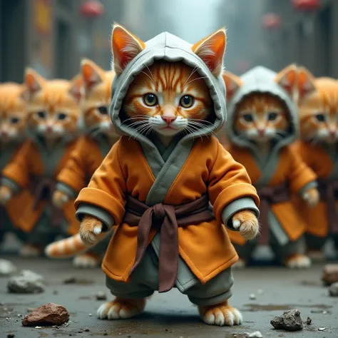 A ginger kitten, appearing as a young warrior, is centered amidst a group of similarly attired kittens.  The kitten wears a light gray hooded robe and an orange, loose-fitting gi-style jacket with a dark brown belt.  The kittens expression is serious and d...