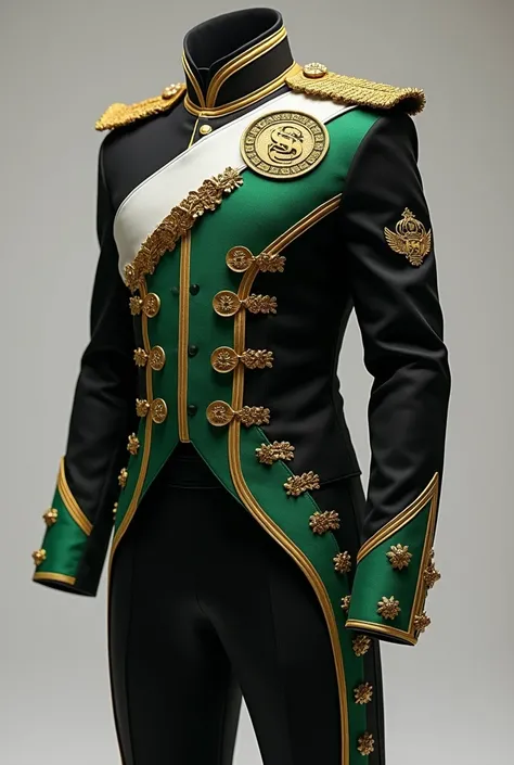 Uniforme de Drum and Bugle corps Negro, green, gold and white, inspirado en Blue Devils Drum and Bugle Corp