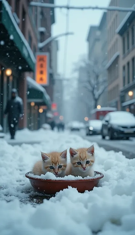  on a busy street ，Its snowing a lot ， Long jump ice on the branches ，Little kittens lying frozen to death in the snow， covered by heavy snow ， stiff body ， painful expression ， with a broken bowl in front of them， An empty bowl ， sad expression ，Desperate...