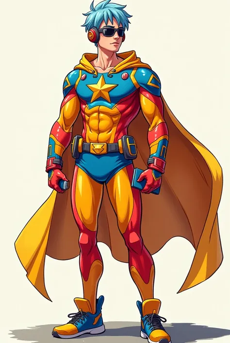 Create a 2D drawing-style image of a male teenager with light blue hair disguised as a hero with colors orange red blue yellow and who has a star on his chest and who has a cape and a cell phone , headphones and sunglasses 