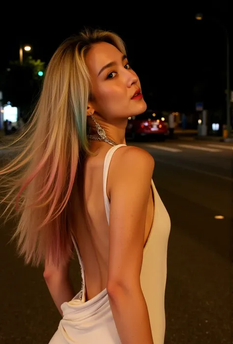 low angle back view, portrays a woman with long, honey skin, sleek gold pink, blue and green hair spreads, styled in soft, natural waves that frame her face. She exudes a sultry yet elegant allure, wear loose white tank top, bare back, tilt her face, windy...