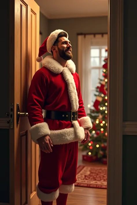 
Create a hyper realistic image of lionel messi is wear chiristmas santa dress and he is opening a door in a  house