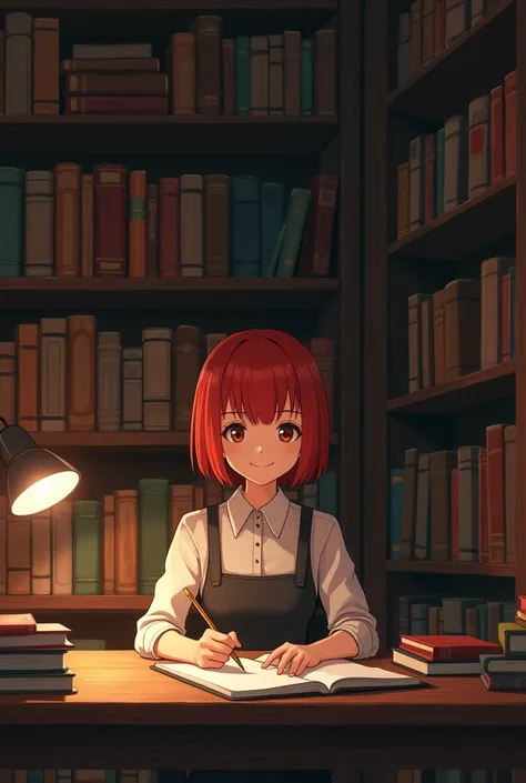  A writer sitting next to a desk ,  behind a bookcase with encyclopedias and books.  She has short straight hair , Red-haired color,  light brown skin ,  brown eyes, She is thin and smiles  