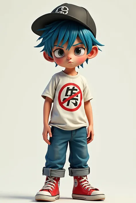 Short boy with blue hair wearing a white t-shirt with a forbidden symbol on his chest wearing a cap turned upside down with blue pants and red sneakers