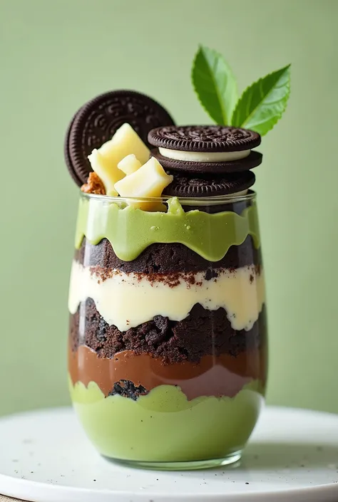 um brownie com bis branco, oreo e nutella, layer of pandan flavor 