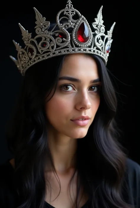 Joanna, 20 years, pele morena,  long black hair , striking honey-colored eye , perched nostrils and fleshy mouth , striking face, A detailed silver crown with Gothic ,  motifs adorned with dark red gemstones and intertwined dragon figures, on a black backg...