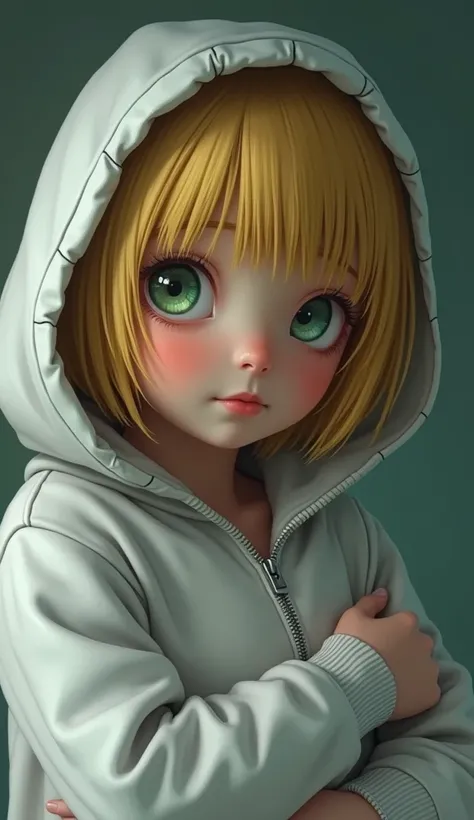  1 girl,  Grown Ups,Dark yellow hair, hospital bed , ugly hoodie, high definition , masterpiece, accurate,  very detailed,  textured skin, reality, short hair ,, smaller breasts, bob hair,Light green eyes,blush,The whole face is red,Hugging,The zipper is o...