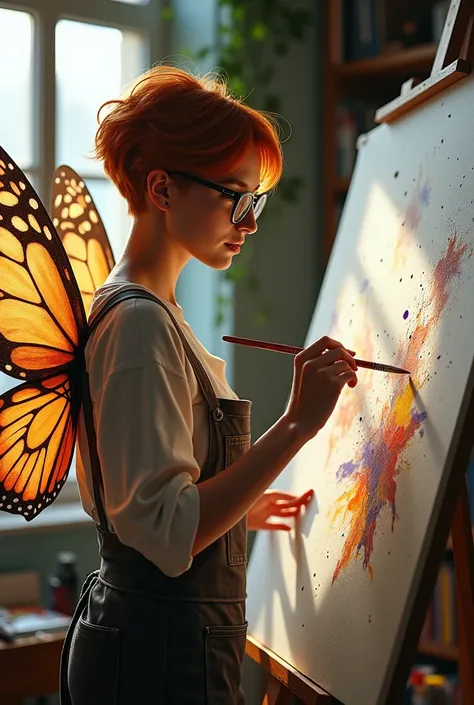 
 In total realism a sunny corner of your studio , a 50-year-old woman,  with a serene face and curious eyes ,  is immersed in her art . Her short hair,  in a vibrant copper tone ,  butterfly wings frame a face marked by experience ,  but with an intellect...