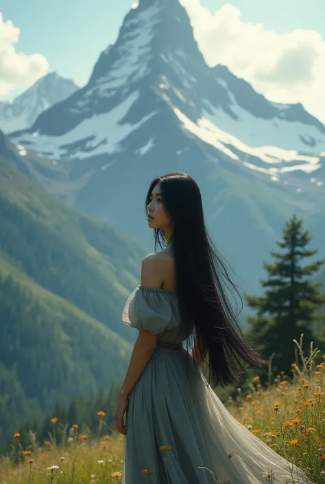 Mountain and beautiful black haired girl