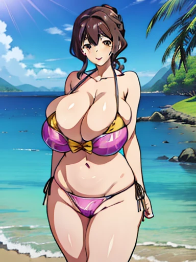  High Quality 、masterpiece、 Official Art 、Turin_Furoshiki,Mature Woman, bikini,( huge breasts:1.5),( beach :1.1),(cloud:1.4),Happy smile,