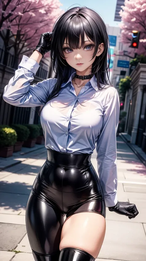 (Yaedef :1.4), 8K, highres,  ultra detailed , (masterpiece:1.4),  Best Quality , symmetrical body, ( white collar shirt :1.4), (Black shiny leggings), beautiful, Alone,  long black hair ,  purple eyes,   beautiful eyes, Fine eye,  detailed face ,  looking ...