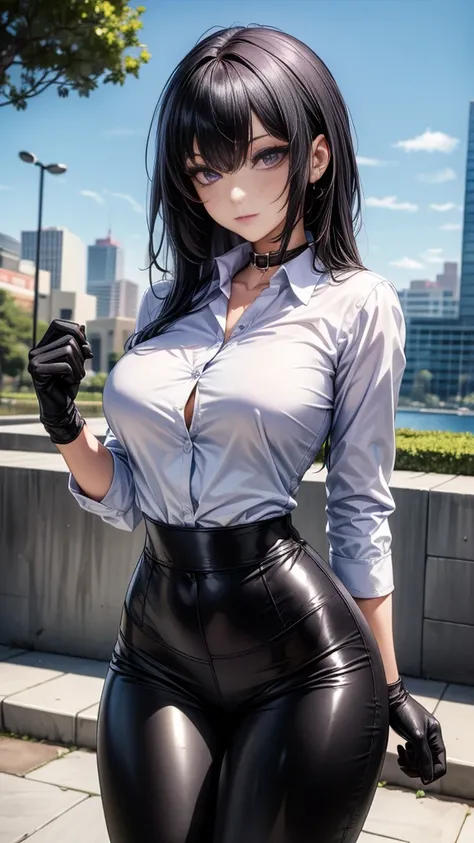 (Yaedef :1.4), 8K, highres,  ultra detailed , (masterpiece:1.4),  Best Quality , symmetrical body, ( white collar shirt :1.4), (Black shiny leggings), beautiful, Alone,  long black hair ,  purple eyes,   beautiful eyes, Fine eye,  detailed face ,  looking ...