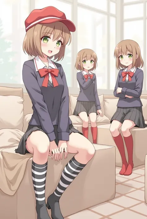 girls 
schoolgirls 
Short hair wearing a red hat The color of her hair is light brown 
Eye color is green 
Im wearing a uniform 
The socks are red and have a white bonbon on the top of the socks 
The shoes are black 
Wearing a blazer 
skirts 
Underwear is ...