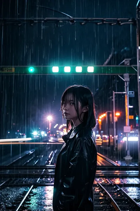 night、In the Rain、A person illuminated by train lights at a railroad crossing