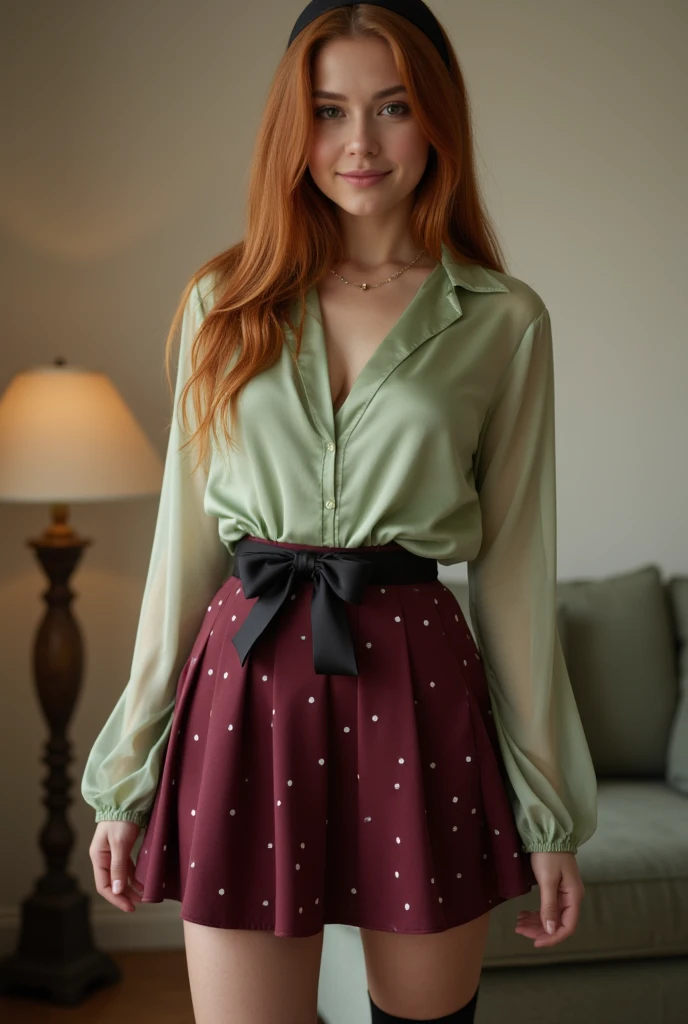 ultra Realistic upper body of a beautiful young red haired German woman with long hair, headband, Necklace, smile. Beautiful legs and high heels , She stands in the livingroom, She wears a light green satin top with long transparent tüll sleeves and a tigh...