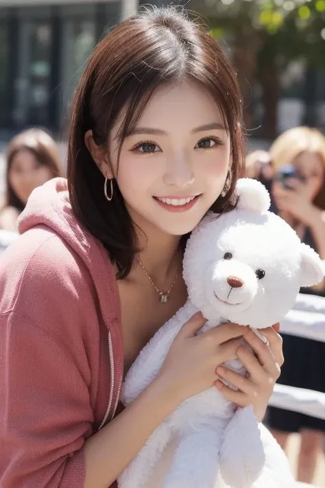  Inhaling Eyes , cute double ,  A woman hugging her favorite stuffed animal at a park near the ocean, small animals, Inward-curling short hair,  hair ornament,  half up hair,  clothes chosen for a date , Talented , Kind personality,  woman who is very part...