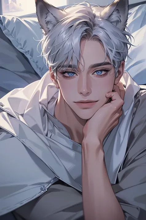 ( realistic:1.37,  best quality , 4K, 8k,  high resolution, masterpiece:1.2)  very detailed , Accurate eyes, young, 1 male,  very handsome,  white skin ,  silver hair,  short hair above the clouds,  blue eyes on Adobe, wolf ears,  smiley face, Lying on the...