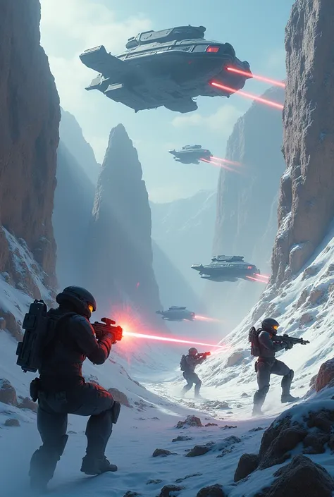 Halo assassin squad patrols firing from 85ft long and 25ft wide jet sleds 20ft above the ground and troops on the ground firing laser beams in multiple battles with enemy alien snipers firing laser cannons,rockets,rifles Cobalt ruby red and rusted faded br...