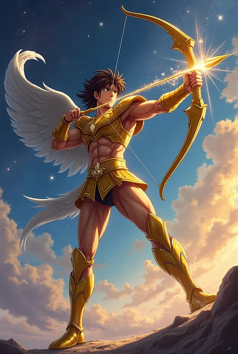  Create an AI image of saint seiya character,seiya is drawing an arrow bow  