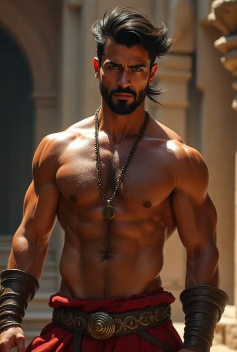 Shirtless rajput man, six pack abs breaSt,hairy chest, hairy body , hot dashing quiff haircut, blue eyes, sharp jawline, pointed nose