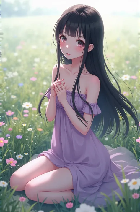  Anime woman kneeesong in flowers ,  soft anime cg art , A girl， Wearing a esoght purple-pink long dress，hair flutters， black hair、adorable，pure， White tulle moon dress 、red blush， full body lesbian ， full body point of view , exquisite fanart highly detai...