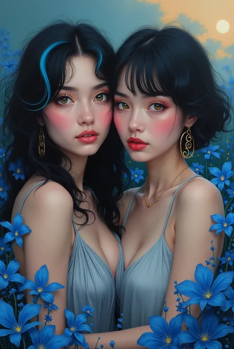  Realistic oil painting of a white-skinned woman ,  with wavy black hair with blue tufts ,  loose all over her body ,  yellow eyes and long eyelashes .  Pink lips and half-open .  dressed in a silver dress wavy white .  Lying in a field of blue flowers sca...