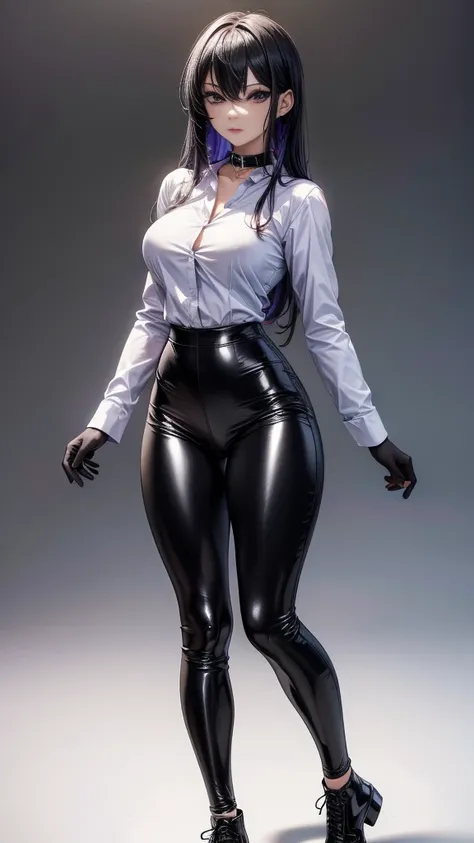 (Yaedef :1.4), 8K, highres,  ultra detailed , (masterpiece:1.4),  Best Quality , symmetrical body, ( white collar shirt :1.4), (Black shiny leggings), beautiful, Alone, standing,  dynamic pose ,  long black hair ,  purple eyes,   beautiful eyes, Fine eye, ...