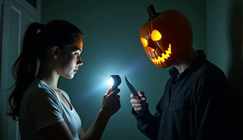 A 20-year-old girl pointing a flashlight at a man with a knife in his hand and carrying a pumpkin as a mask in a dark room