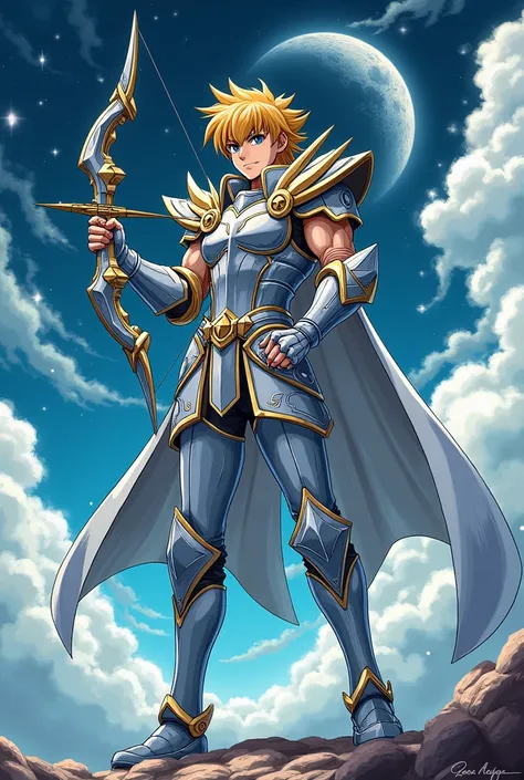 Create AI image of pegasus seiya knight character drawing crossbow 