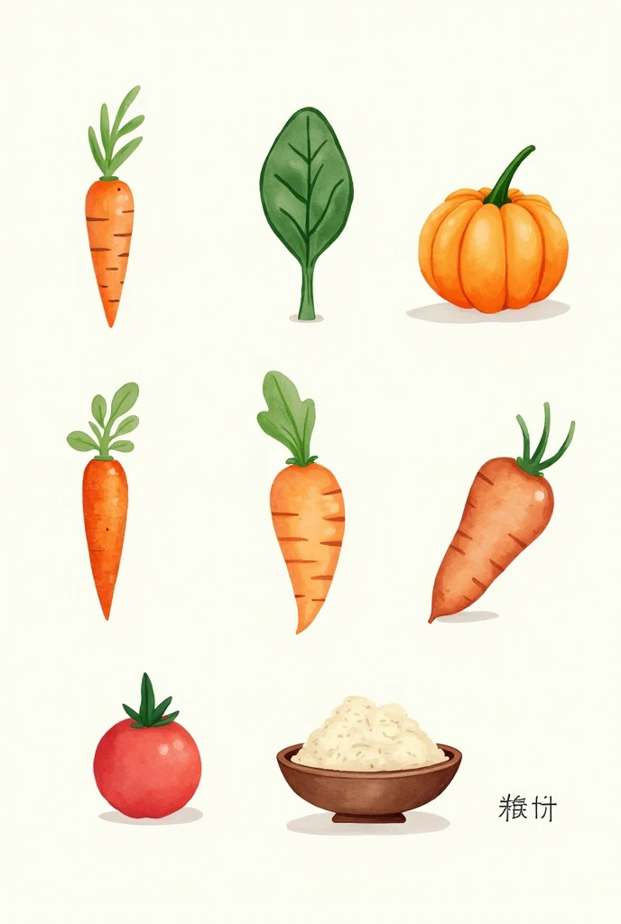  with watercolor style illustrations

carrot、 pumpkin、spinach、
 sweet potato、Draw rice of rice
Each on its own