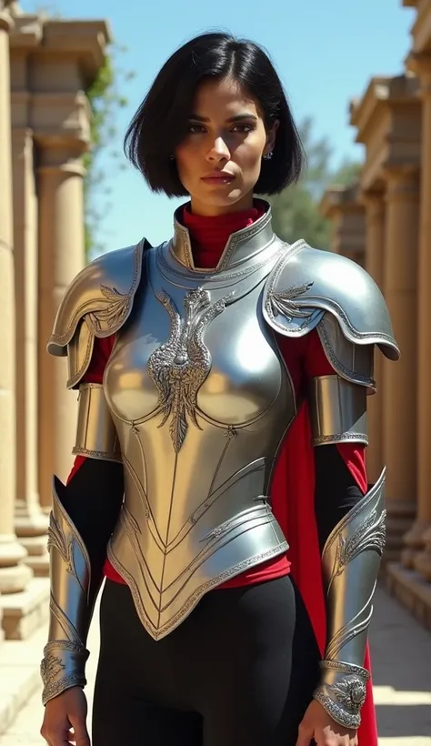 A beautiful Arab woman wearing armor inspired by the Pegasus Cloth from the Saint Seiya movie. The armor is entirely silver, with a sleek, polished finish that shines brilliantly in the sunlight. Intricate wing-like patterns adorn her shoulders and back, e...