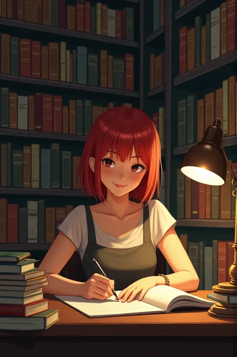  A writer sitting next to a desk ,  behind a bookcase with encyclopedias and books.  She has short straight hair , Red-haired color,  light brown skin ,  brown eyes, She is thin and smiles  