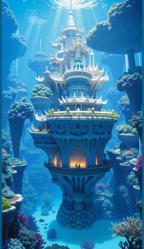 An underwater scene featuring a fantastical submerged city with architecture reminiscent of ancient Greek or Roman styles. The city includes columns, statues, and intricate carvings, surrounded by various species of fish and coral formations. Sunlight filt...