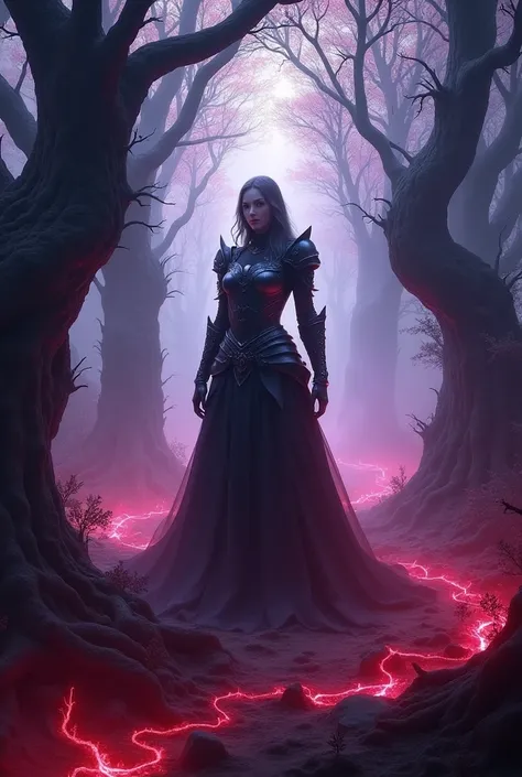 fantasy purple magical dark forest. 
ominous female silhouette of a witch in armor. 
eerie glowing red energy.
Surrealism. 
Photomontage. 
Dark fantasy. 
Horror. 
Cinematic 4K.
Complex composition.