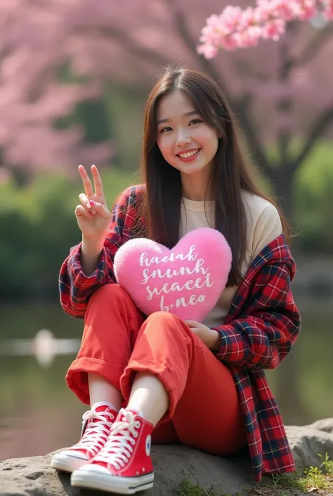 A beautiful young woman aged 25 years, clean face, long straight hair, wearing a cream t-shirt, red flannel shirt, bright denim pants, high red converse shoes, sitting on a rock near the fish pond, outdoor while holding a pink heart-shaped doll with text: ...