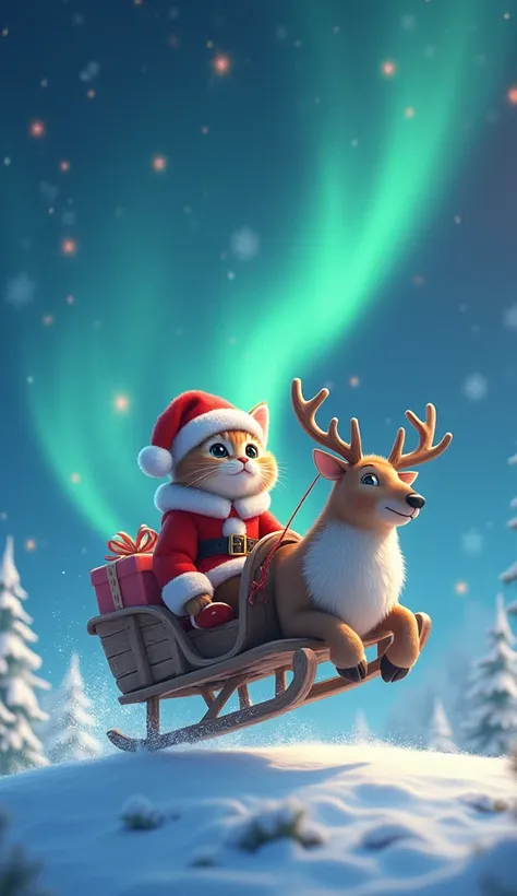 The winter night sky of Northern Europe, you can see the bright and colorful aurora, the ground is covered with snow, a cute anthropomorphic cat on a sled pulled by a reindeer, a Christmas present on the seat, dressed as a Santa Claus, flying freely in the...