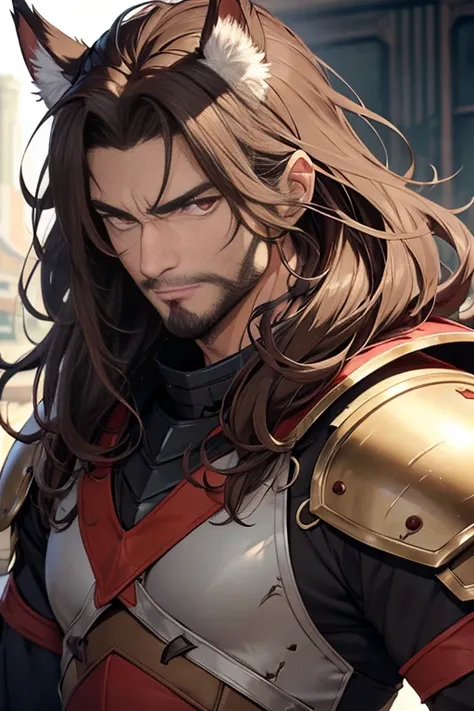 father　４０age　 Beast Ears　unkempt brown hair 　 wild hair with red eyes　Long back hair　timid gaze　Stubble　Brown Armor