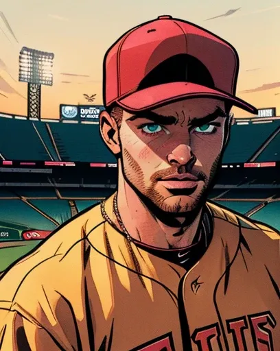  Comic illustration of a white man with green eyes and full eyebrows with thick pink lips. In the background you can see a baseball stadium in the golden hour  (:0.75), Plotted, 2d, sharp,  Detailed ,  High Definition,  High Definition,  HIGH QUALITY,  Hig...